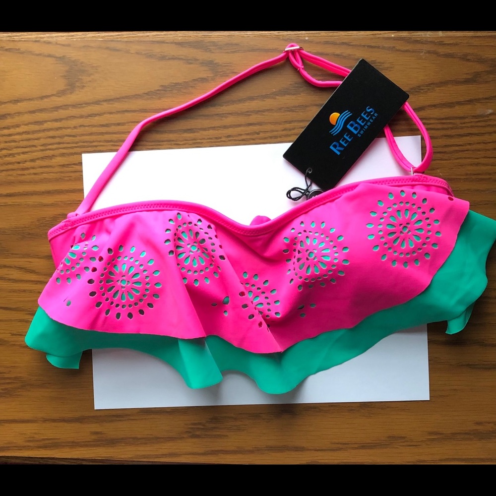 ReeBees Watermelon Colored Swimsuit Top Hot Pink Green Flounce Bikini Halter Tie